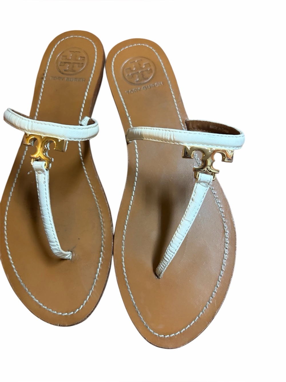 Tory Burch White Leather Logo Thong Sandals with Tan Footbed